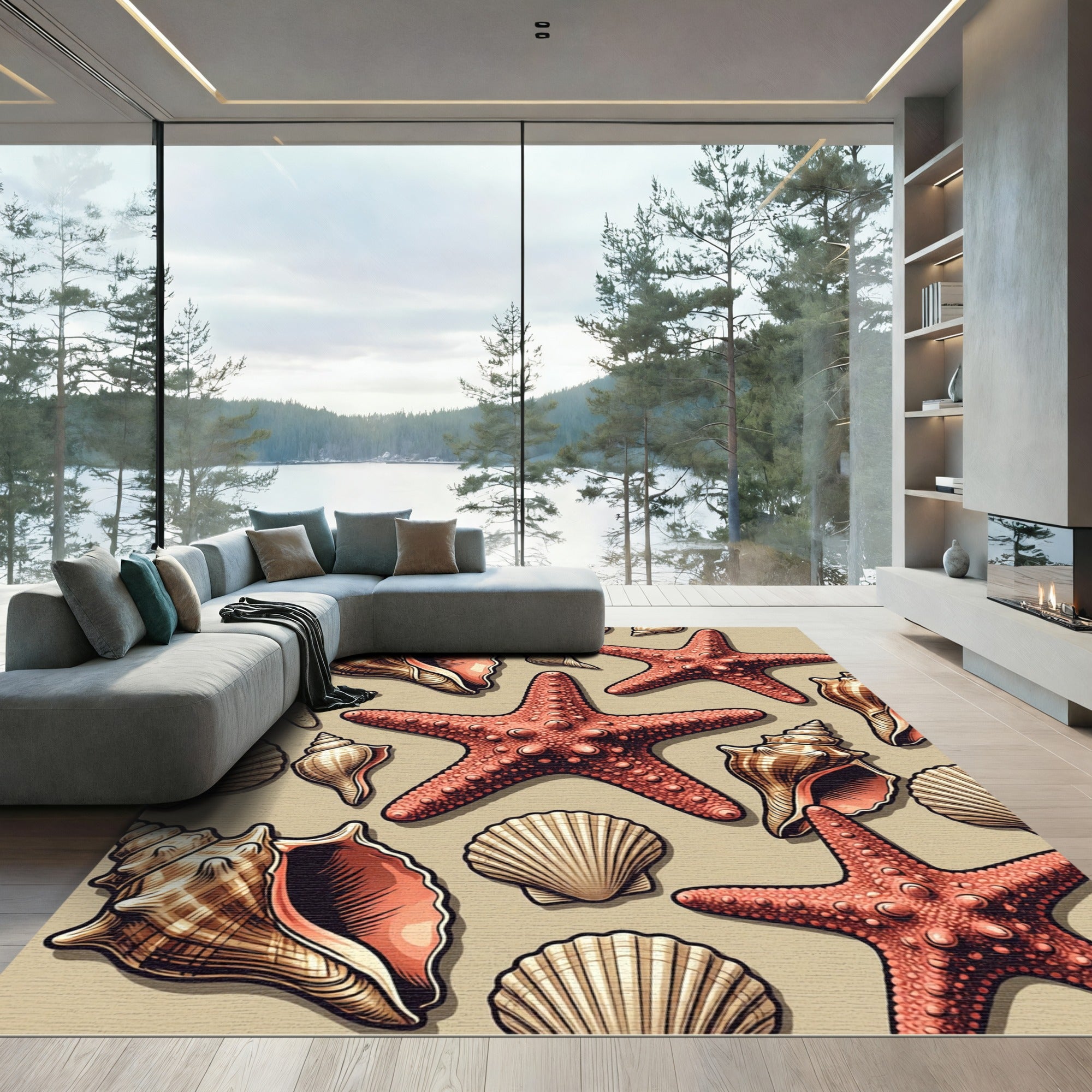 Coastal Starfish and Seashell Illustration Rug