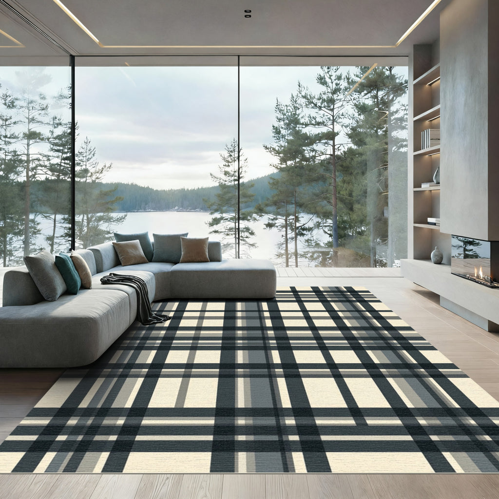 Classic Black White Plaid Tartan Rug