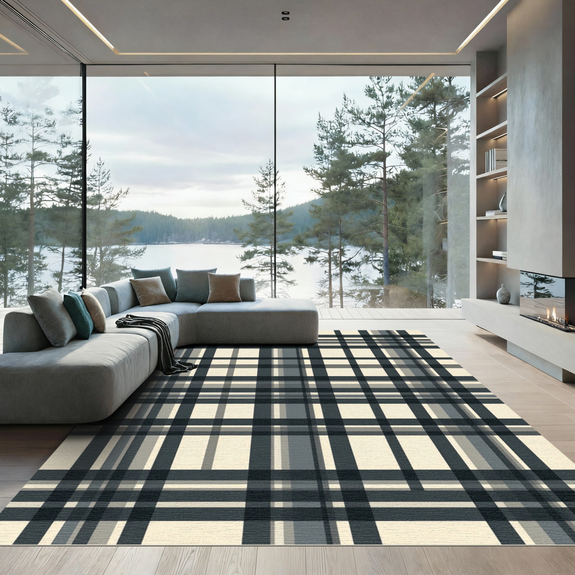 Classic Black White Plaid Tartan Rug