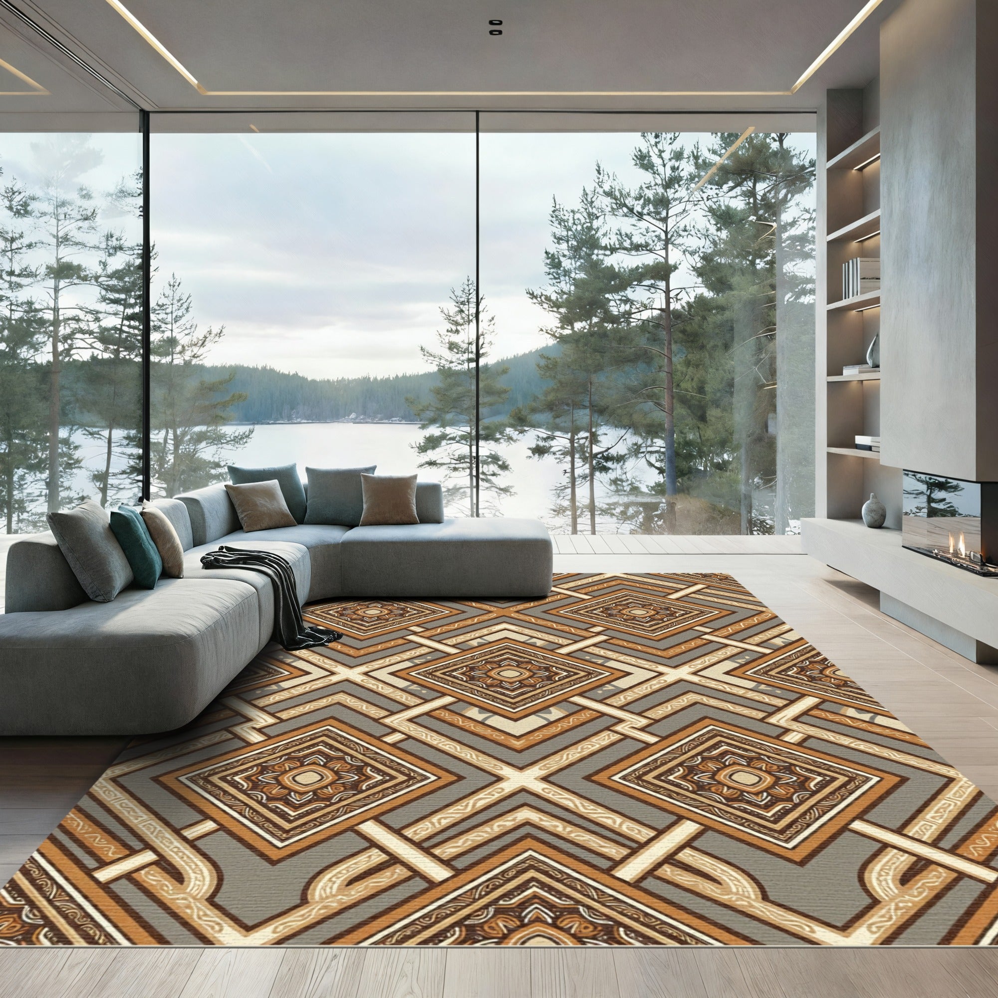 Terracotta Cream Geometric Diamond Medallion Rug