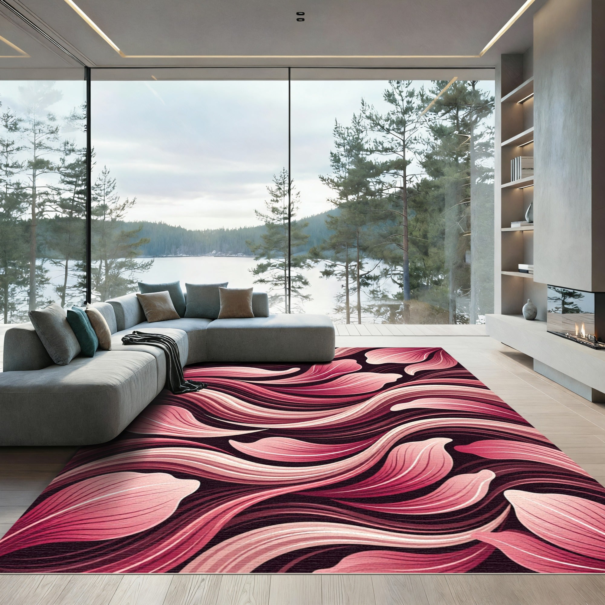 Crimson Petal Swirl Abstract Rug