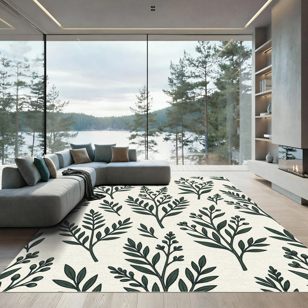 Dark Green Botanical Branch Arrangement Rug