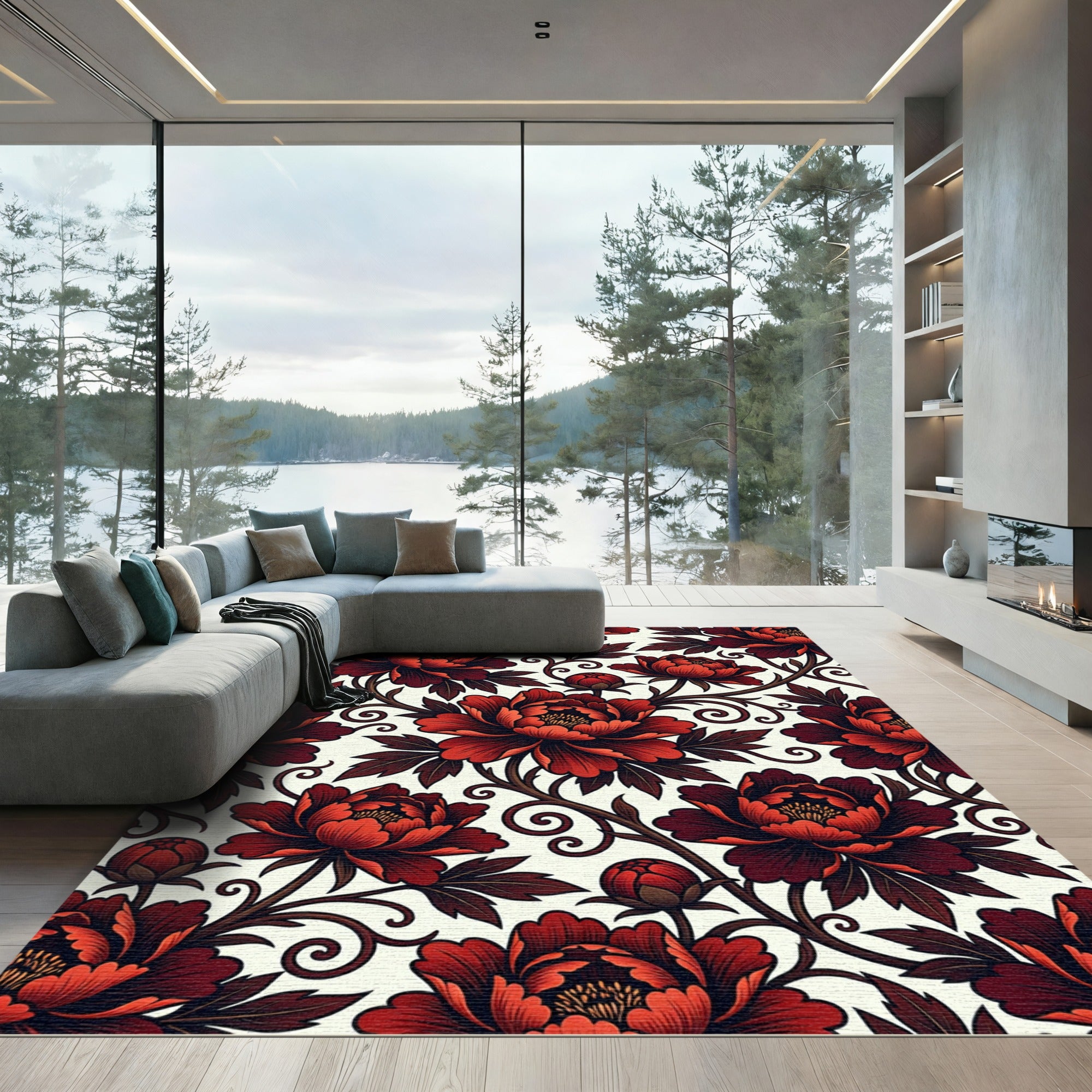 Crimson Peony Floral Scroll Rug