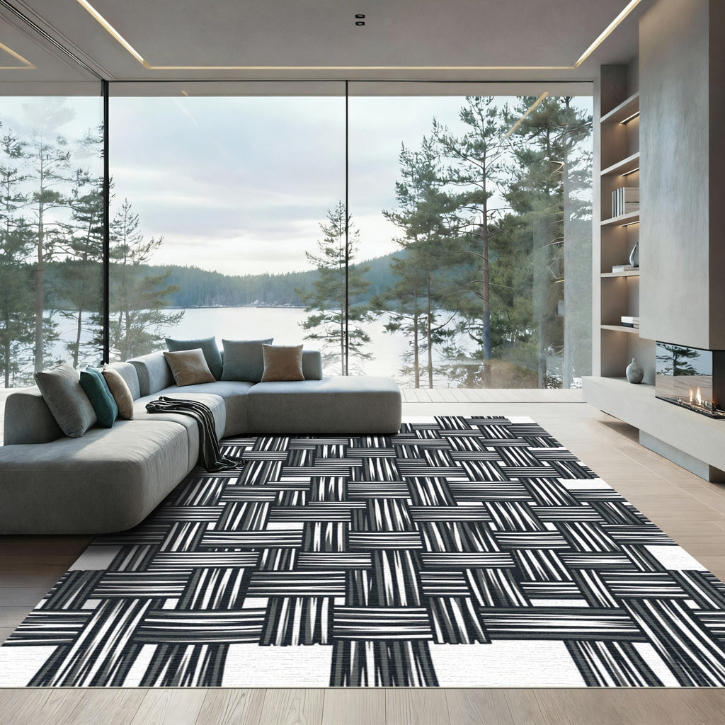 Monochromatic Woven Texture Grid Rug