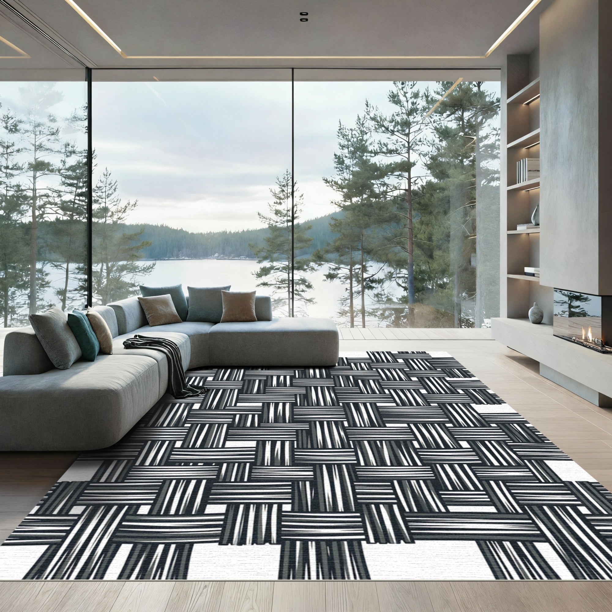 Monochromatic Woven Texture Grid Rug