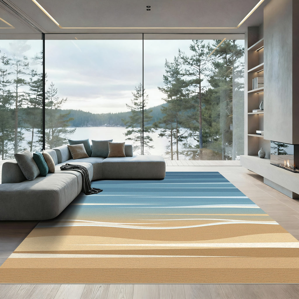 Minimalist Blue and Sand Abstract Horizon Rug