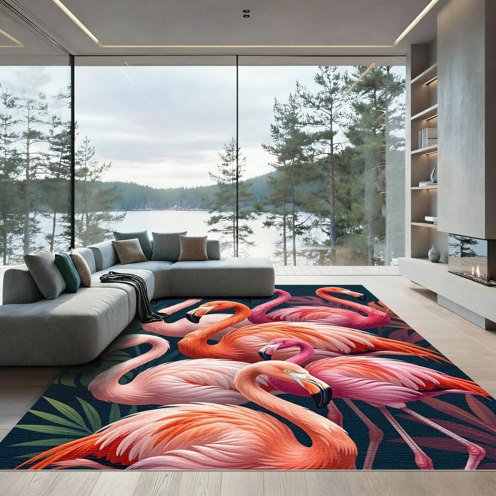 Pink Flamingo Tropical Foliage Flock Rug