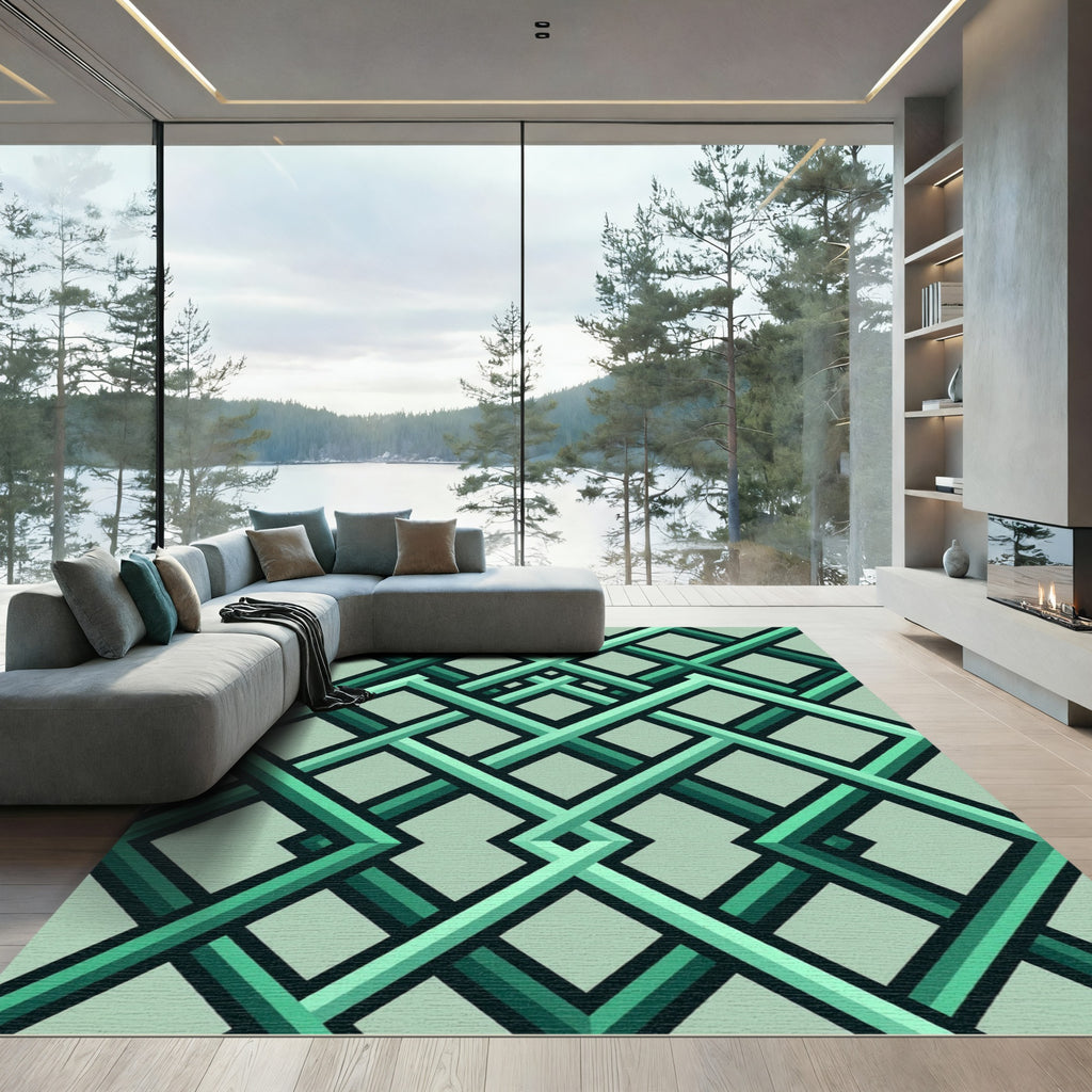 Modern Emerald Green Interlocking Geometric Links Rug