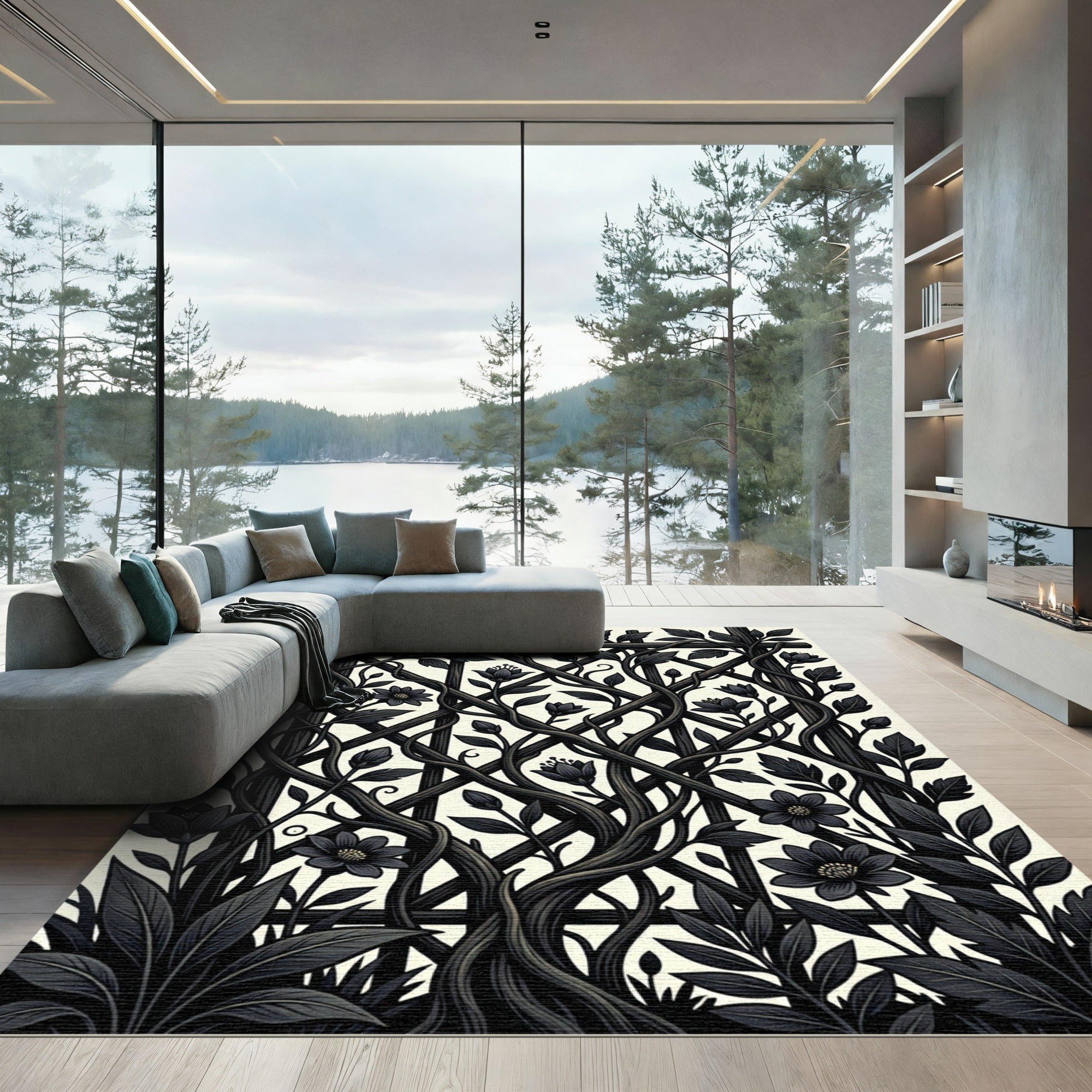 Dark Botanical trellis with dramatic vines Rug