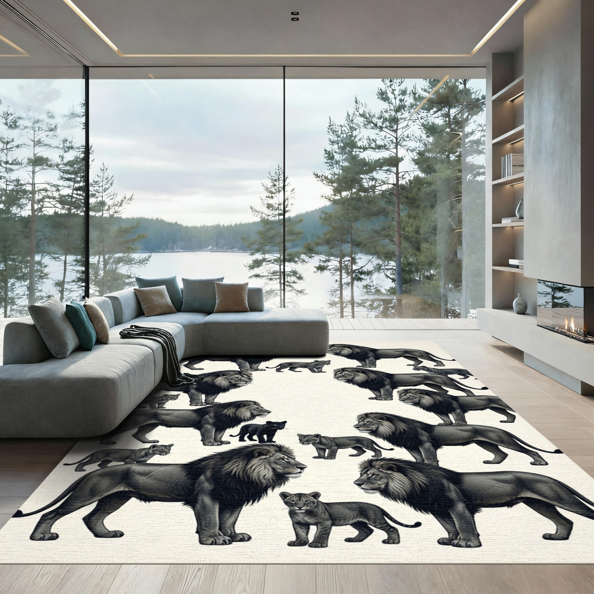 Monochromatic Lion Family Charcoal Art Rug