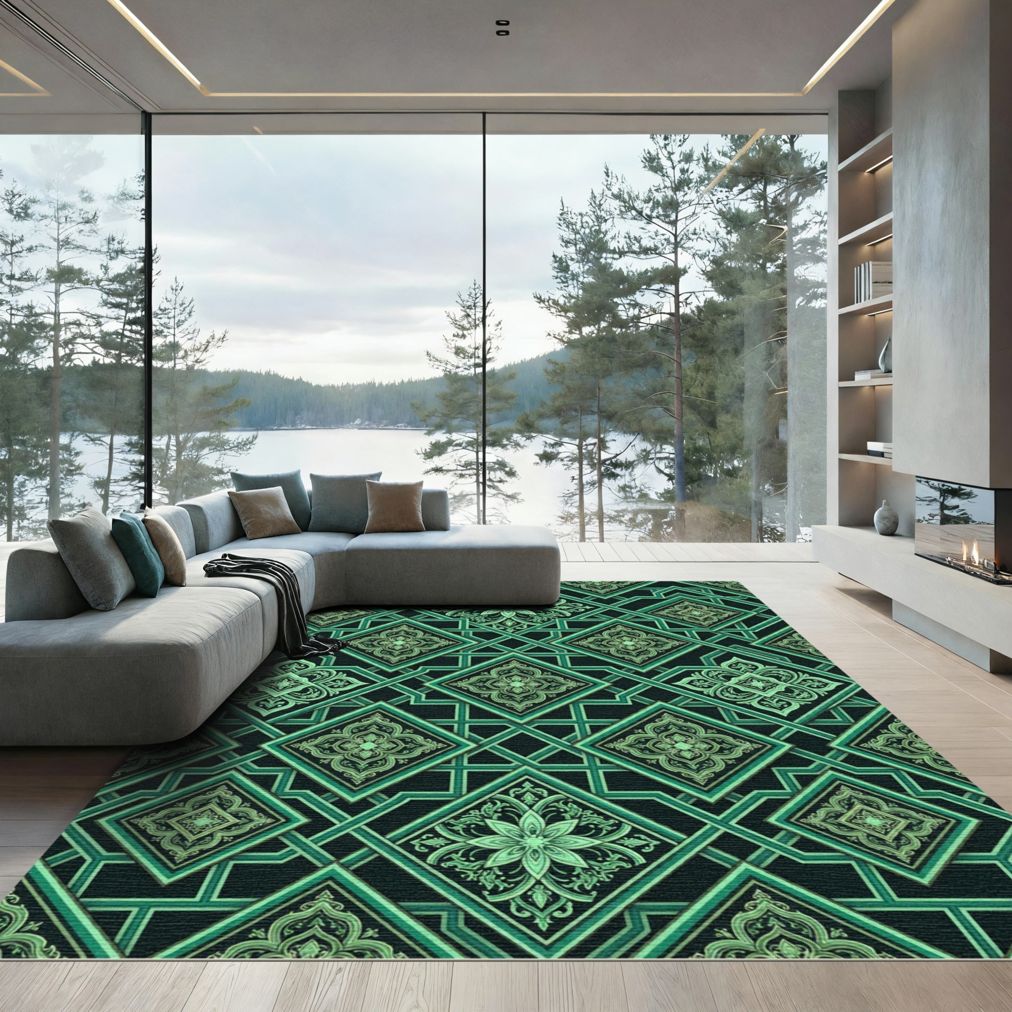 Emerald Geometric Lattice Floral Tile Rug