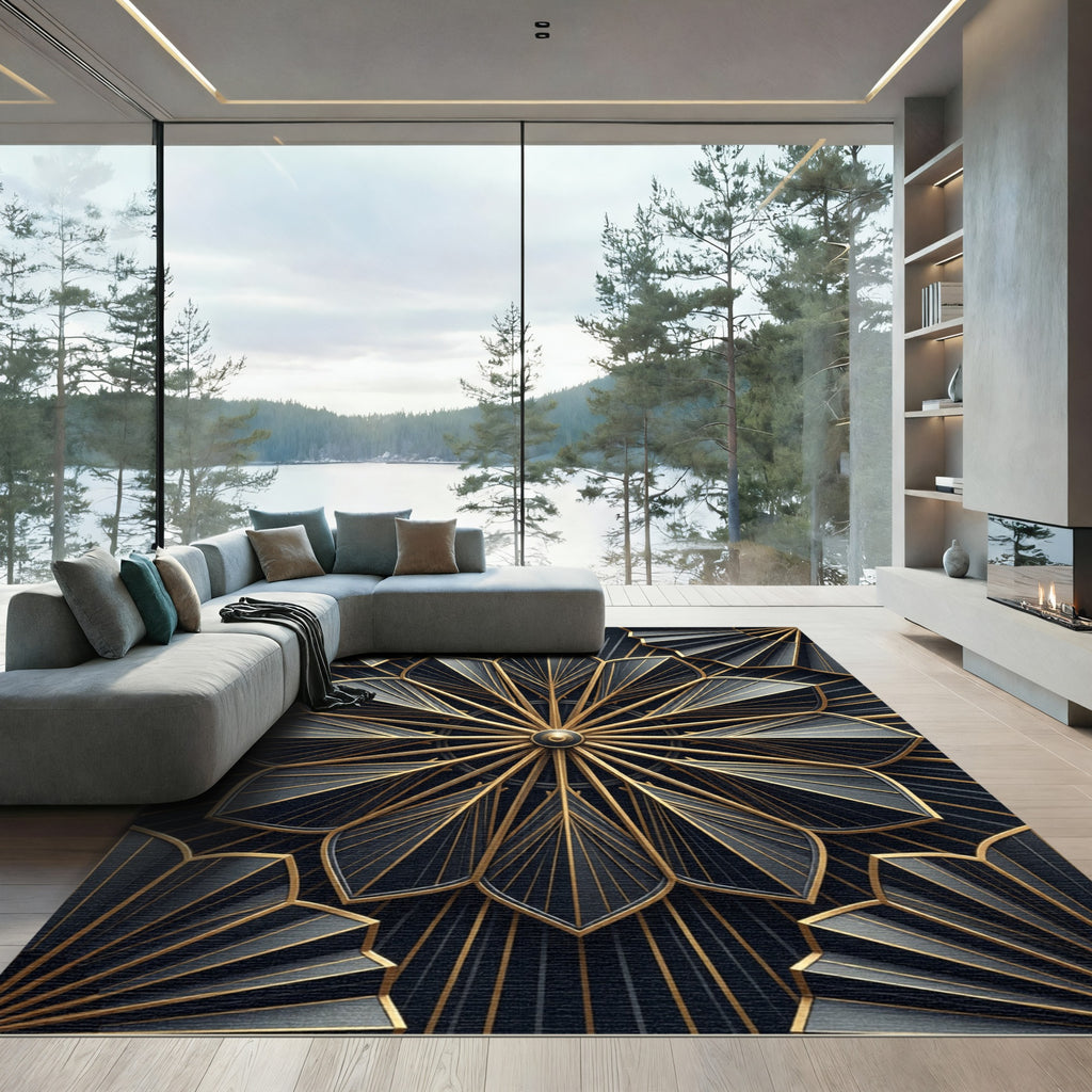 Art Deco Black Gold Geometric Fan Rug