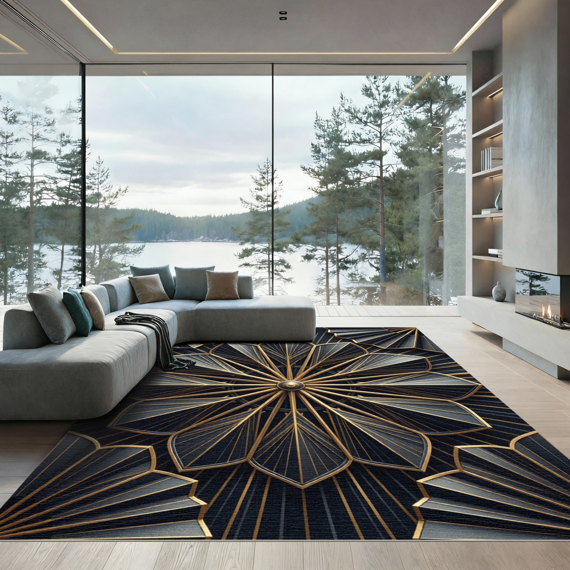 Art Deco Black Gold Geometric Fan Rug