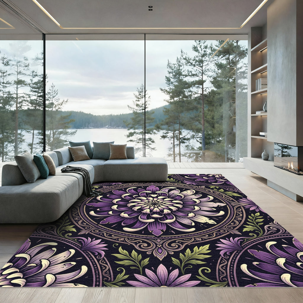 Elegant Purple Chrysanthemum Medallion Circular Art Rug