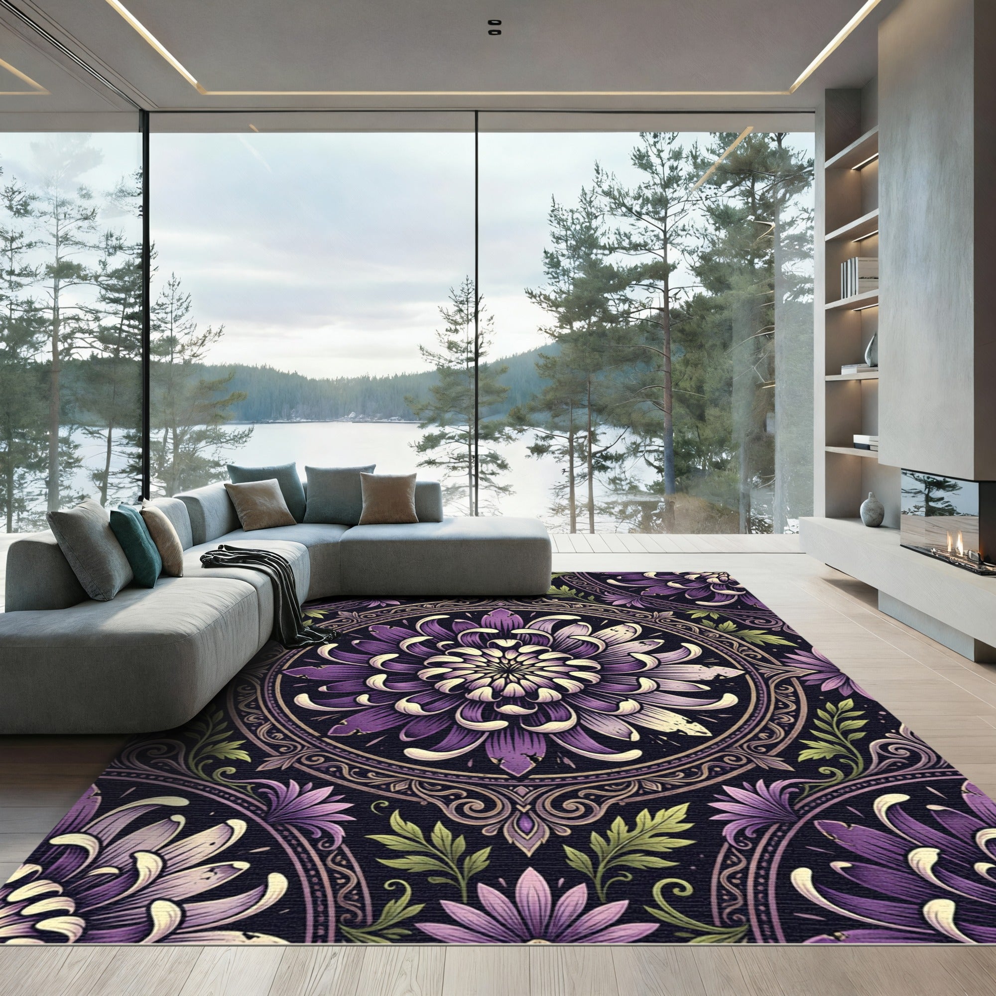Elegant Purple Chrysanthemum Medallion Circular Art Rug