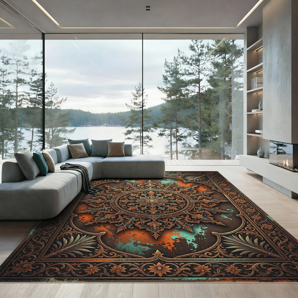 Antique Copper Teal Medallion Frame Rug
