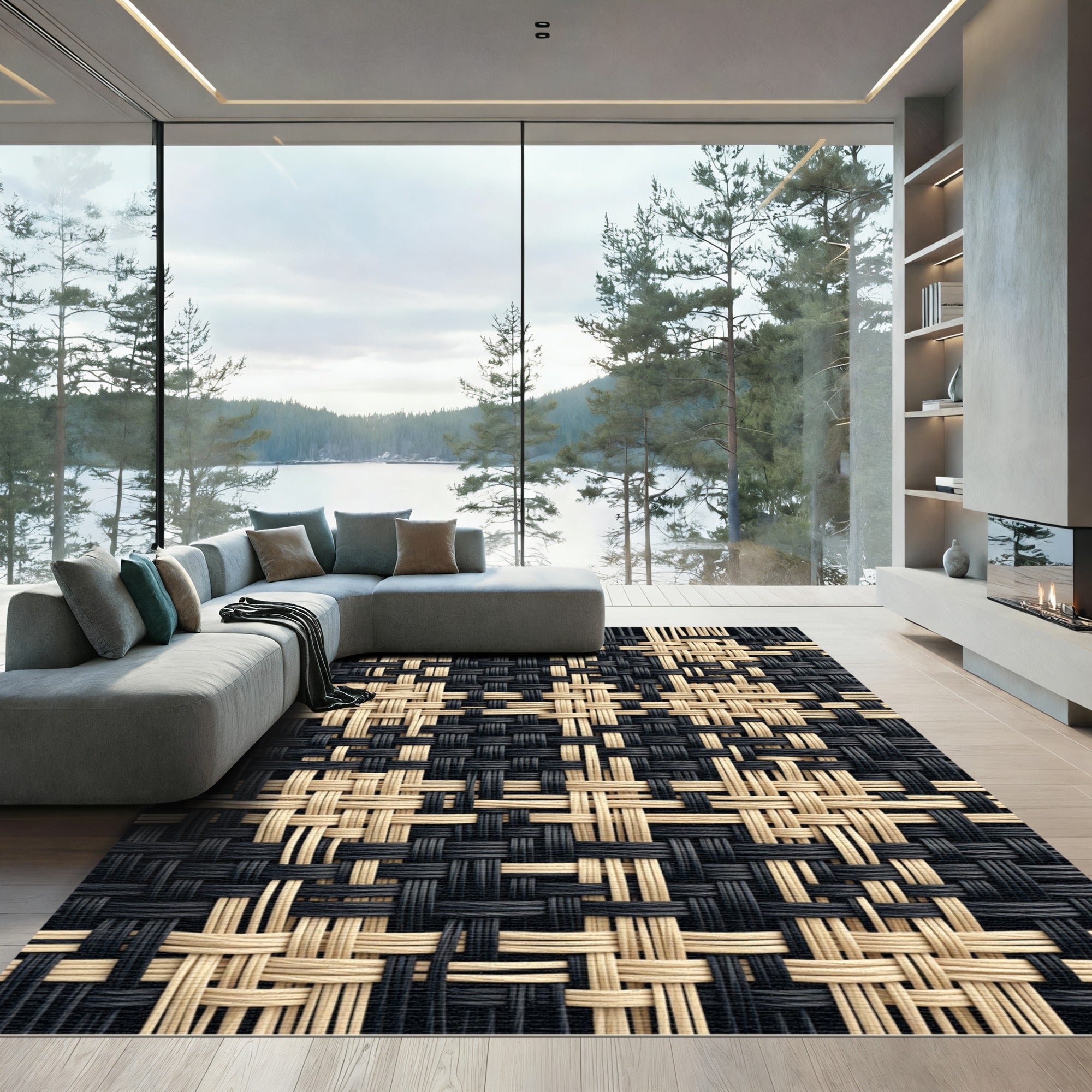 Modern Black and Beige Woven Grid Rug