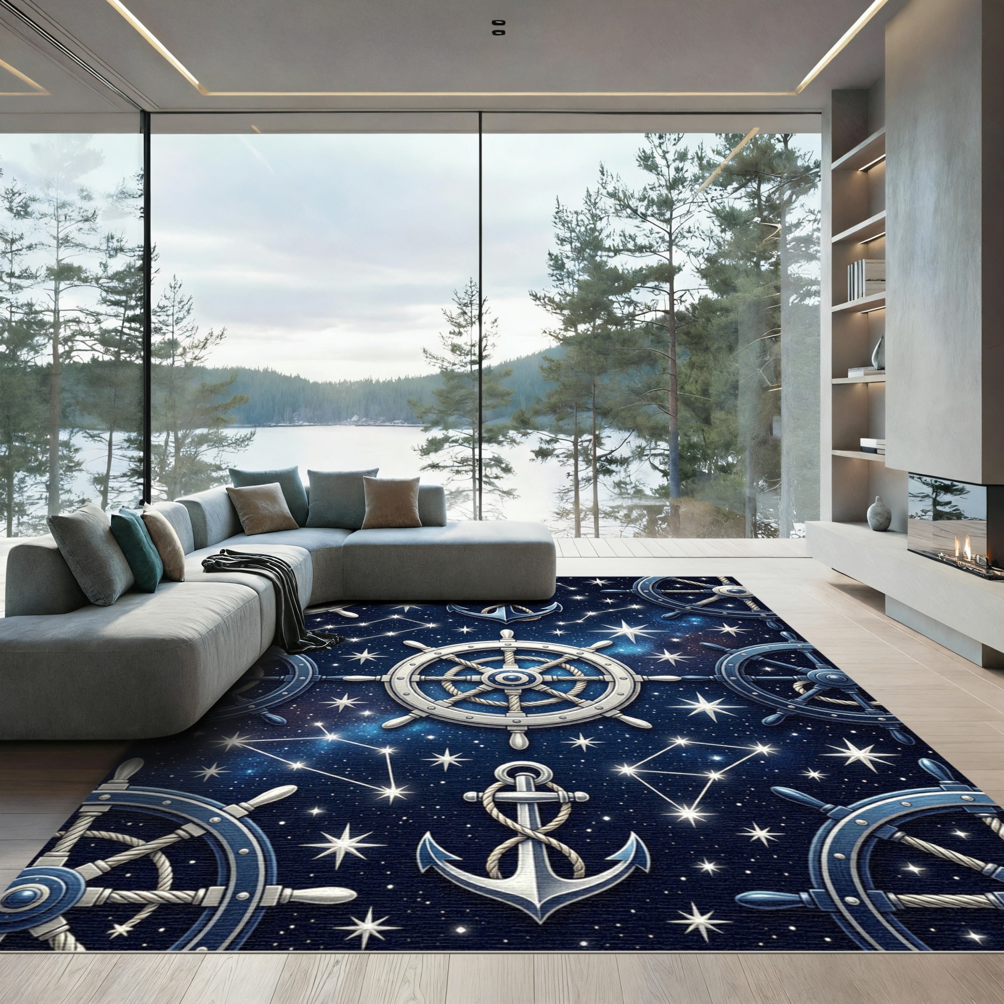Nautical Starry Night Ships Wheels Anchors Rug