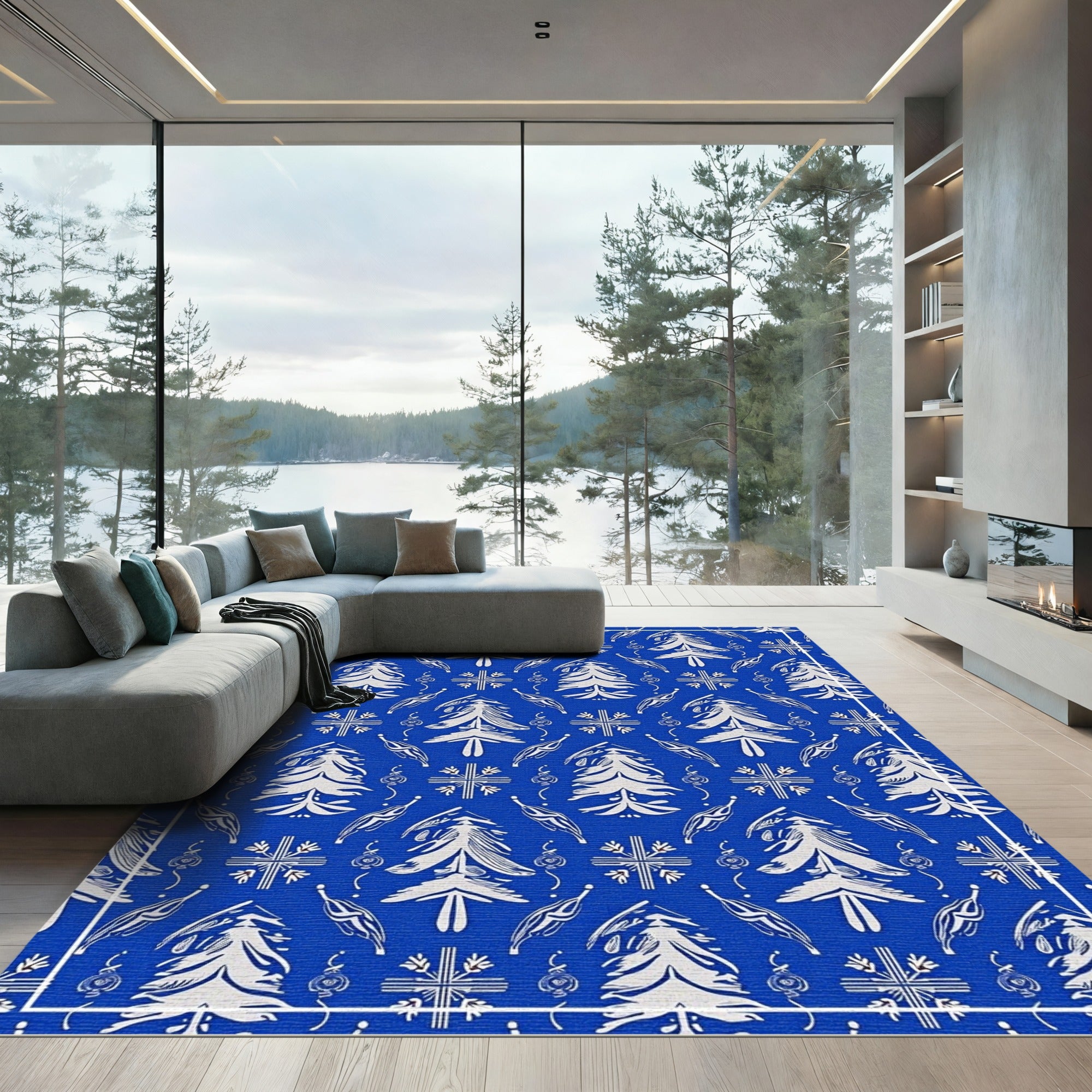 Classic Blue White Foliage Forest Rug