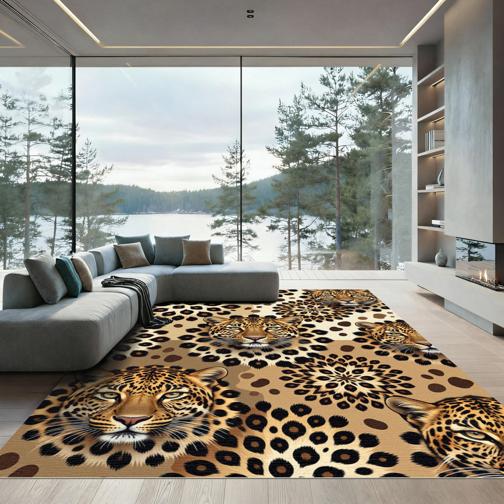 Golden Leopard Face and Rosette Tapestry Rug