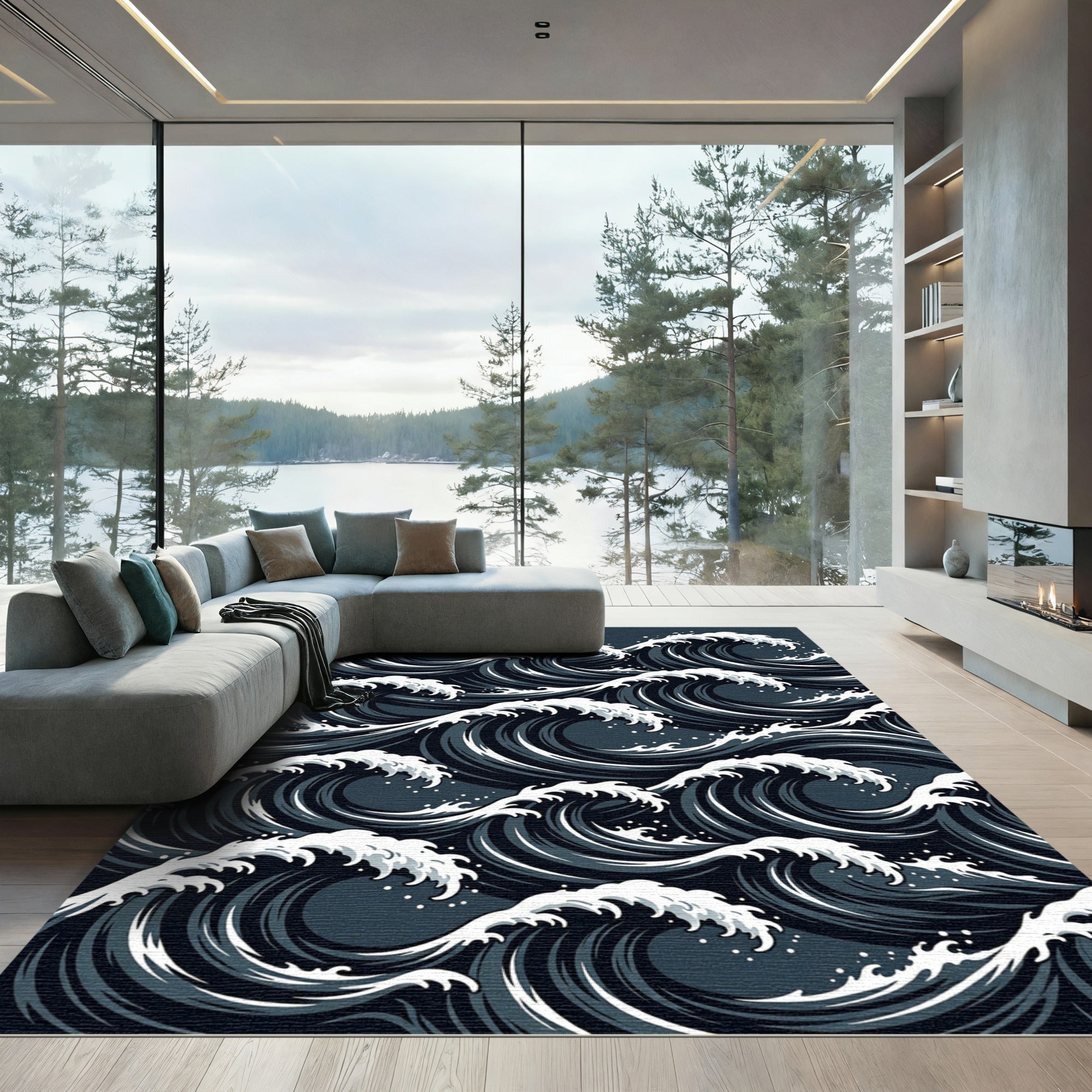 Deep Blue Cresting Waves Rug