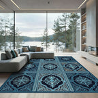 Ornate Navy Blue Floral Damask Tile Rug