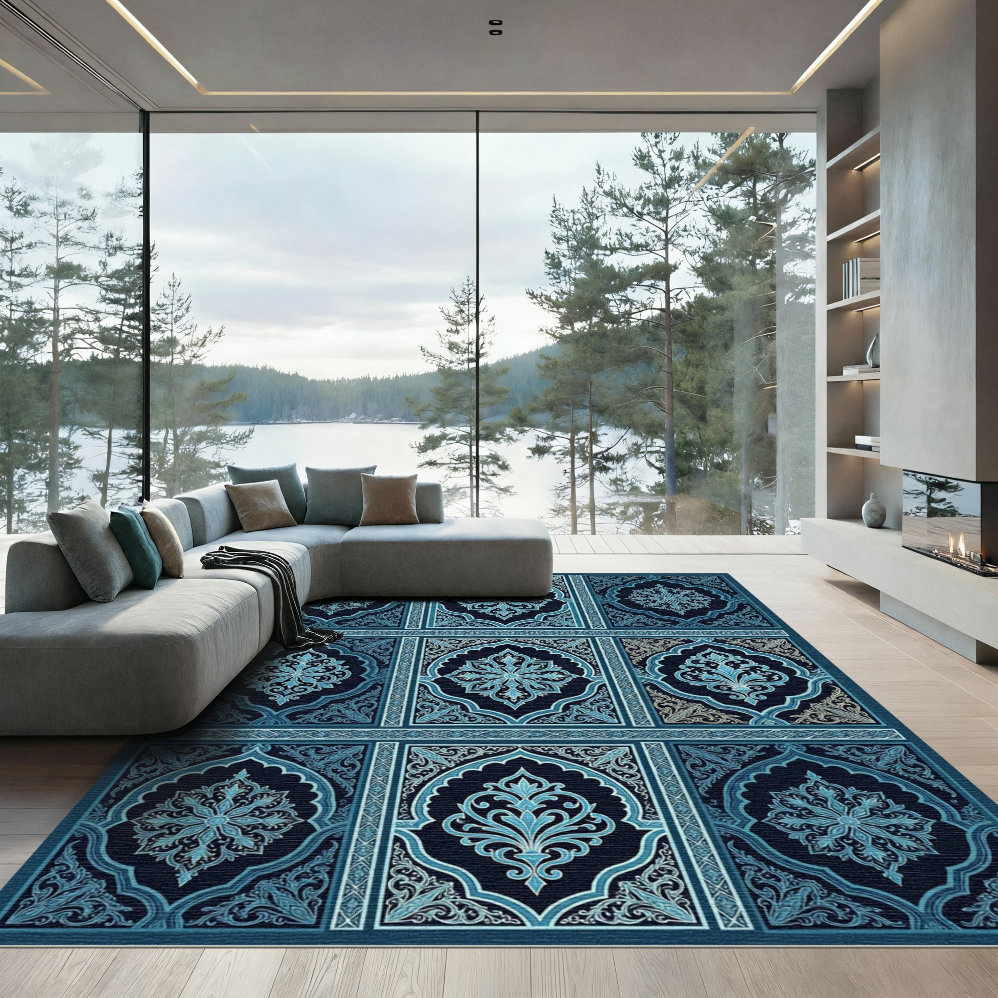 Ornate Navy Blue Floral Damask Tile Rug