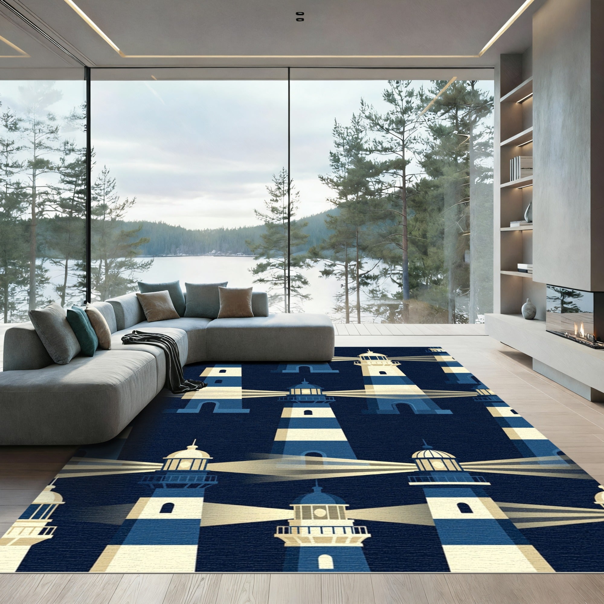 Modern Nautical Navy Lighthouse Stripe Rug