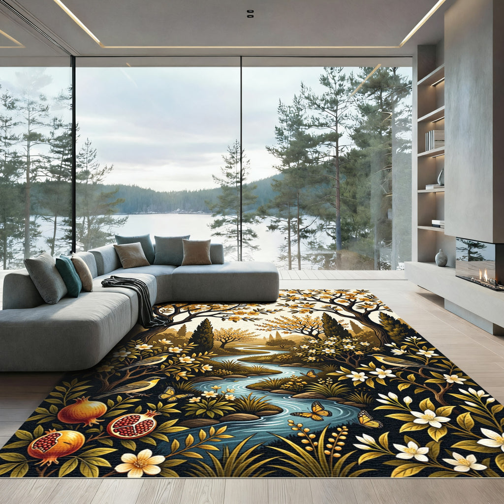 Golden Orchard River Botanical Landscape Rug