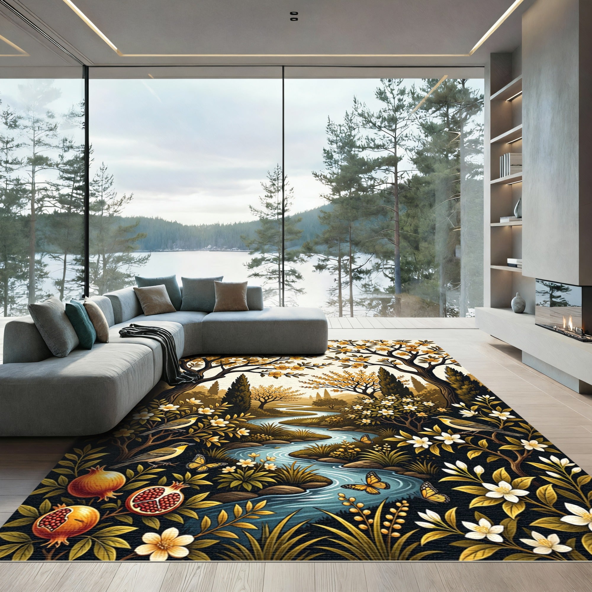 Golden Orchard River Botanical Landscape Rug