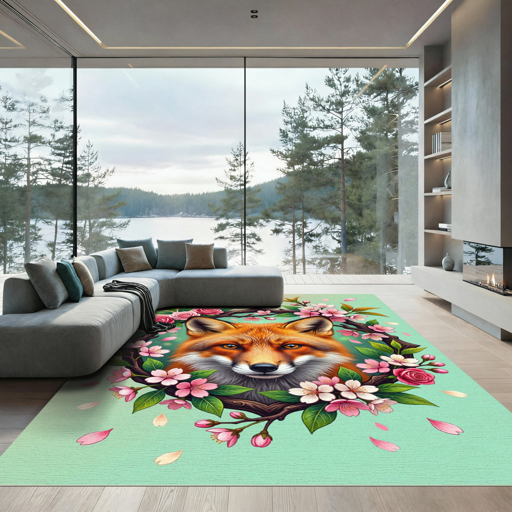 Artistic Fox Portrait with Cherry Blossoms Rug