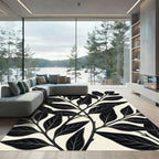 Elegant Black Leaf Branch Pattern Rug