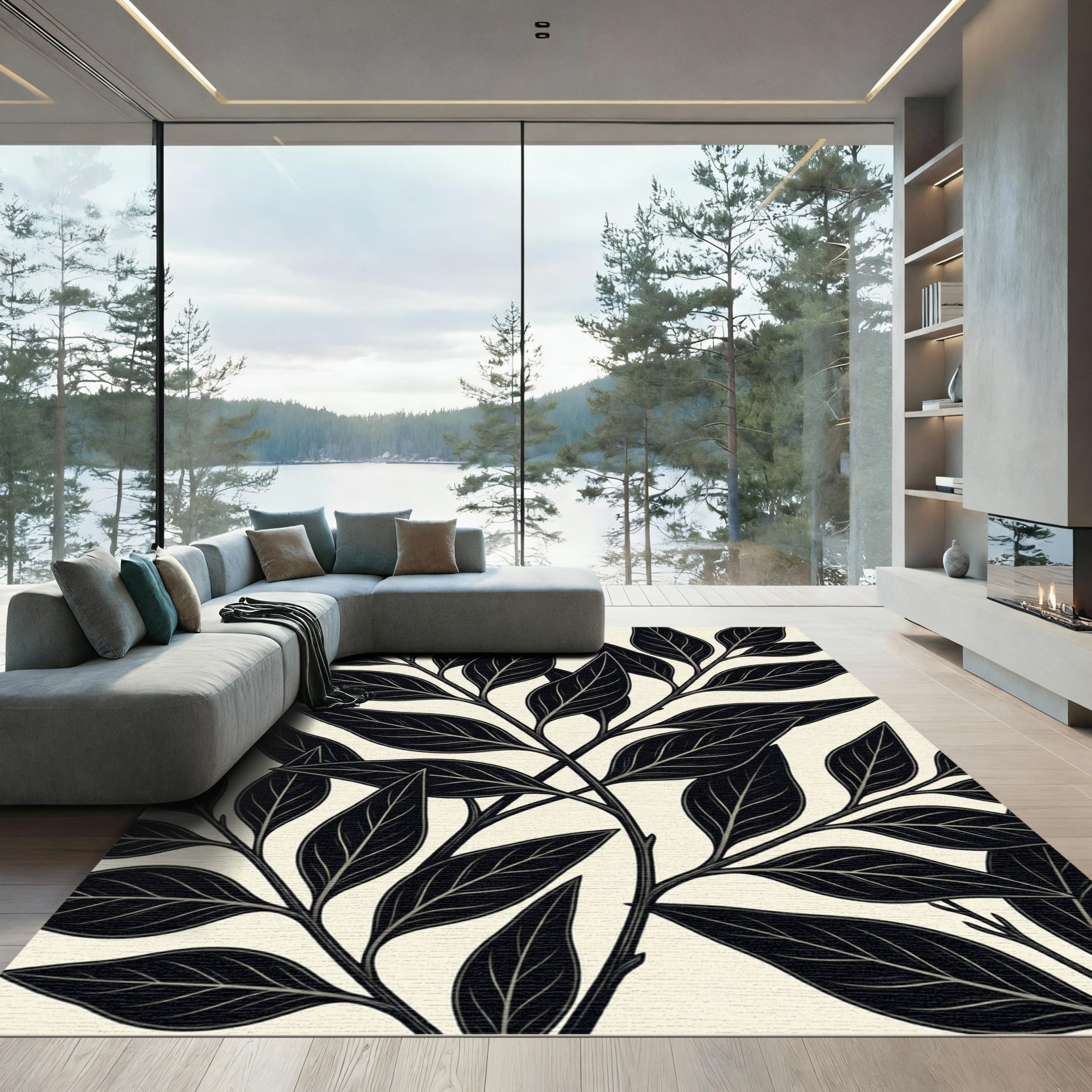 Elegant Black Leaf Branch Pattern Rug