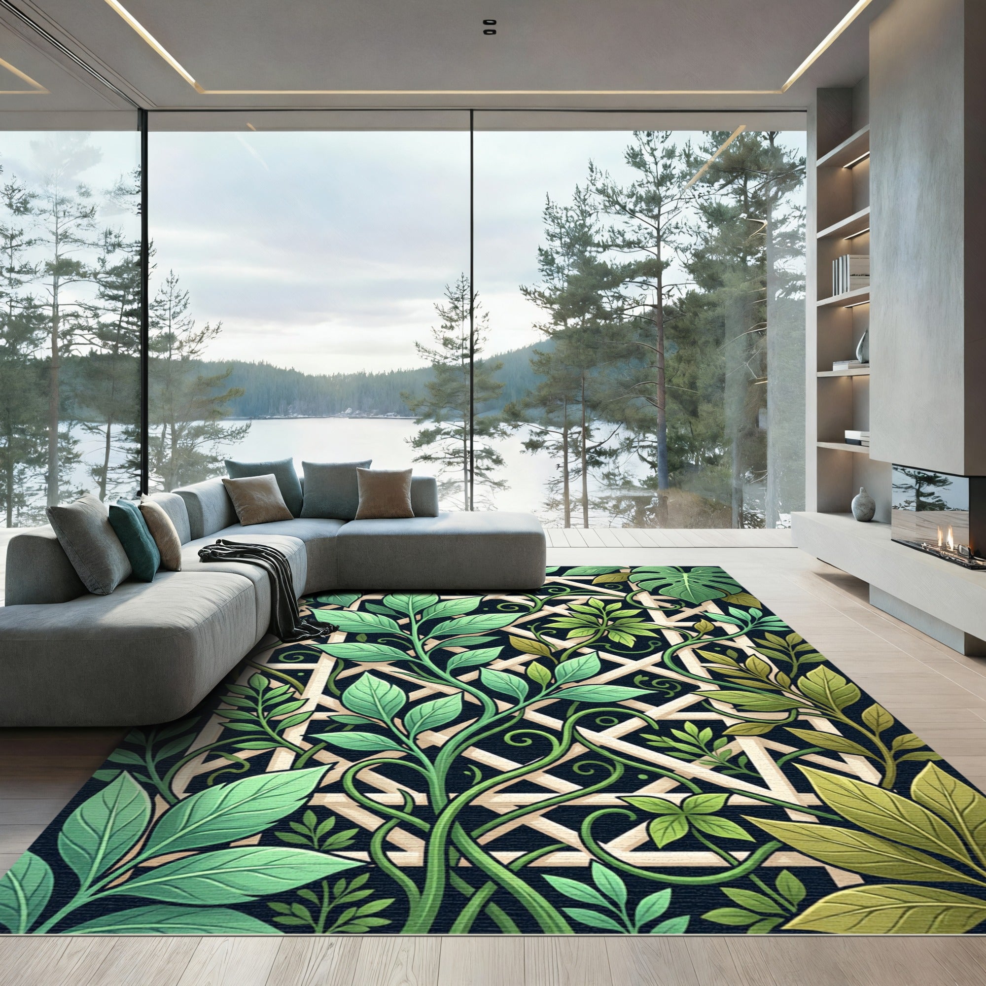 Lush Green Tropical Foliage Trellis Rug