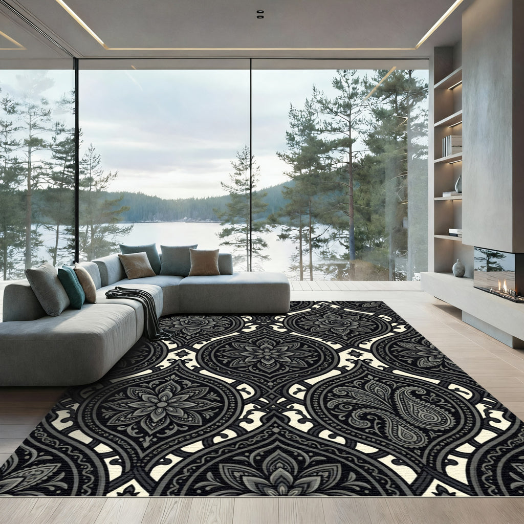 Ornate Grey Paisley Floral Medallion Rug