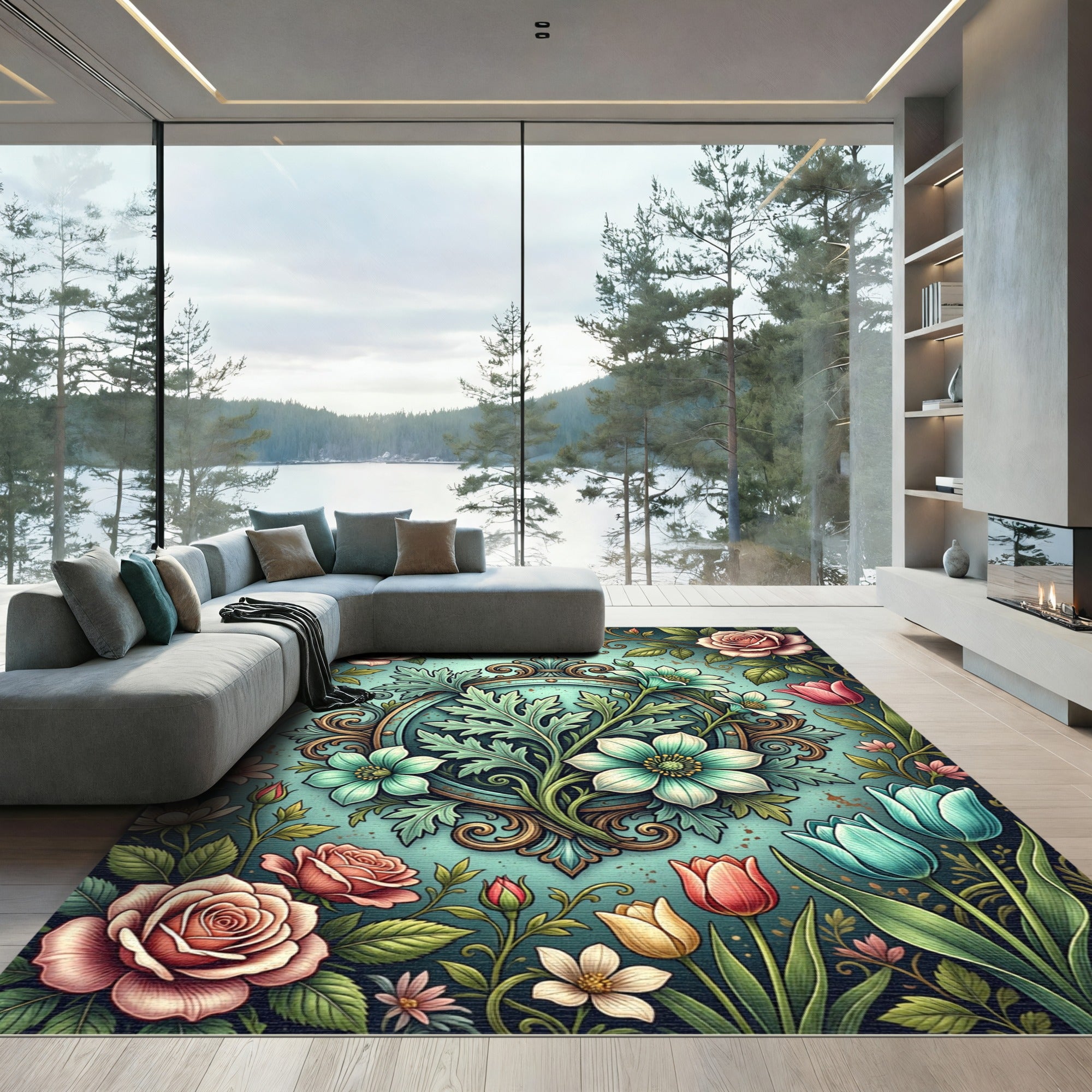 Sage Floral Medallion Antique Rose Bloom Rug