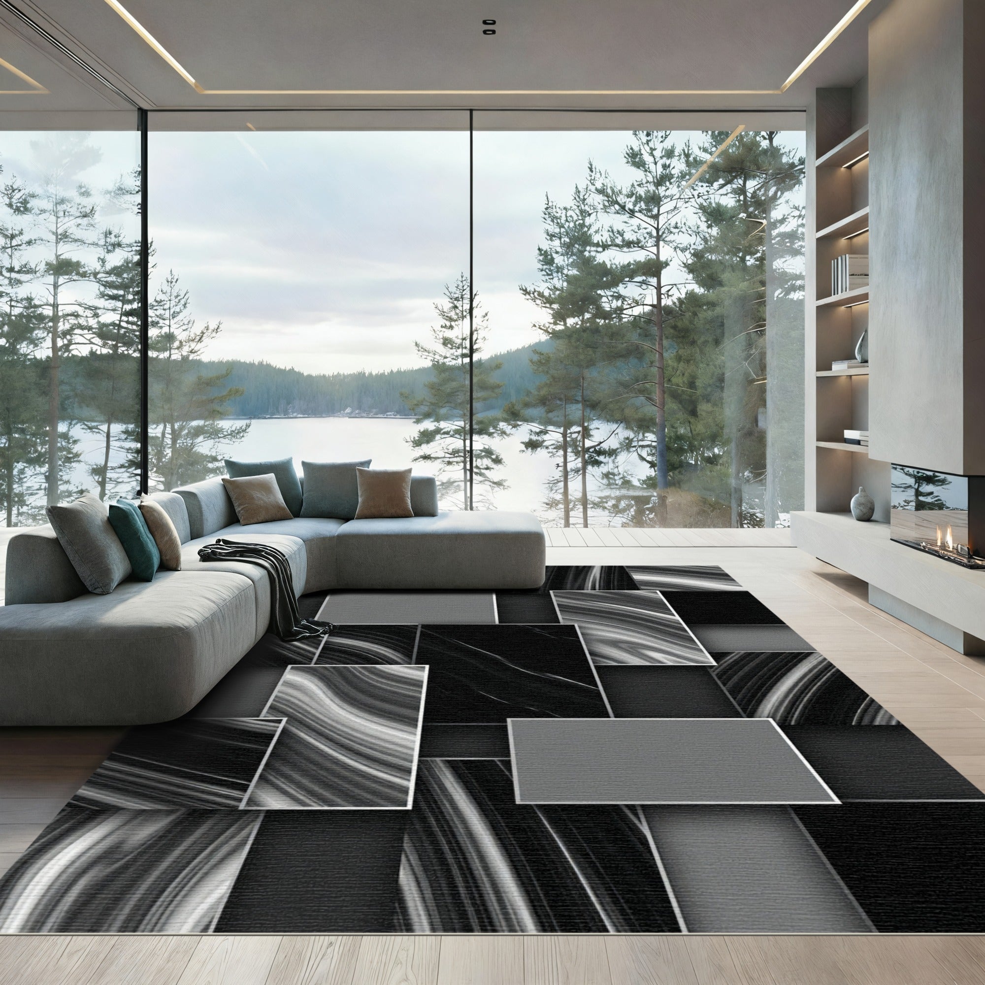 Monochrome Swirl Rectangular Collage Rug