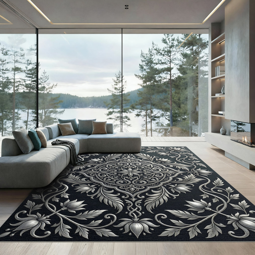 Elegant Silver Lotus Vine Relief Rug