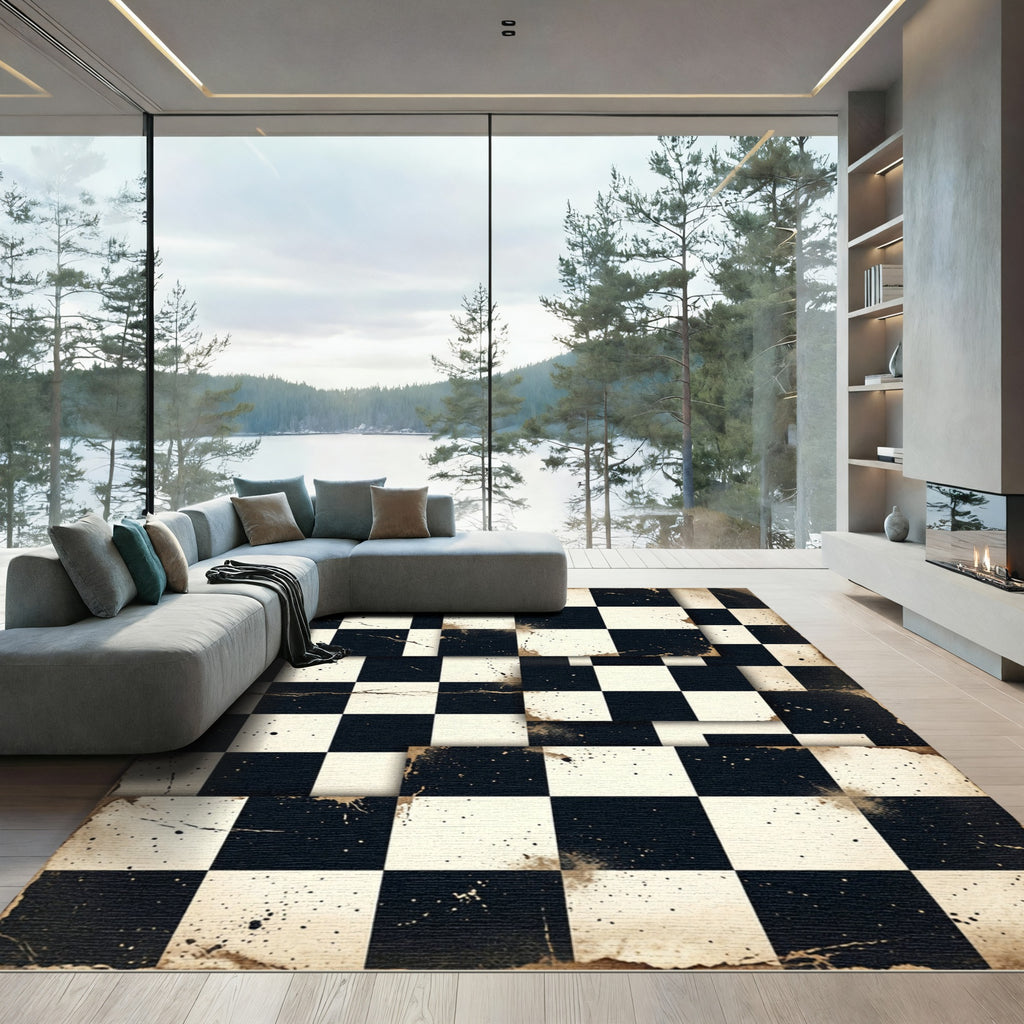 Vintage Black White Distressed Check Rug