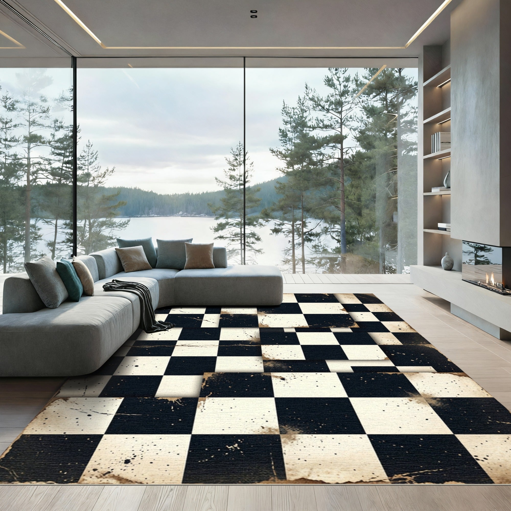 Vintage Black White Distressed Check Rug