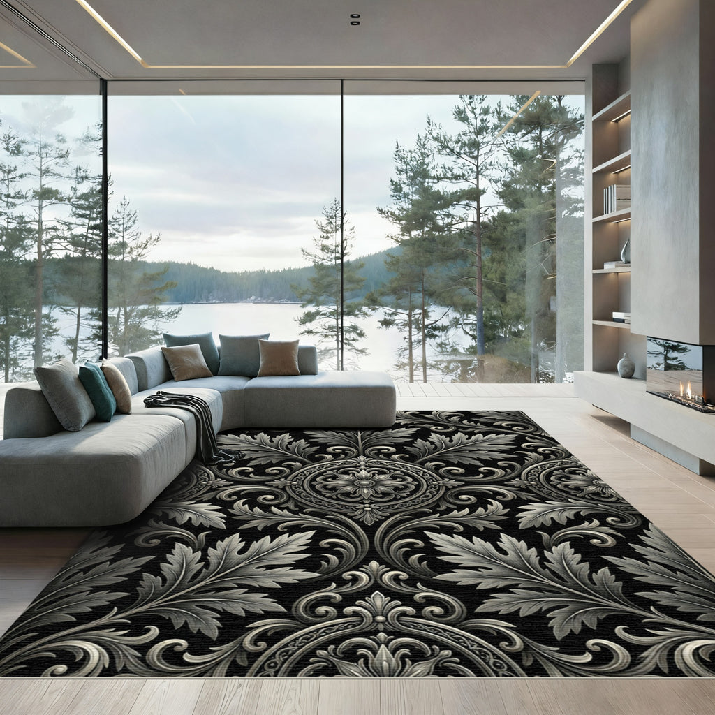 Ornate Silver Black Floral Scroll Rug