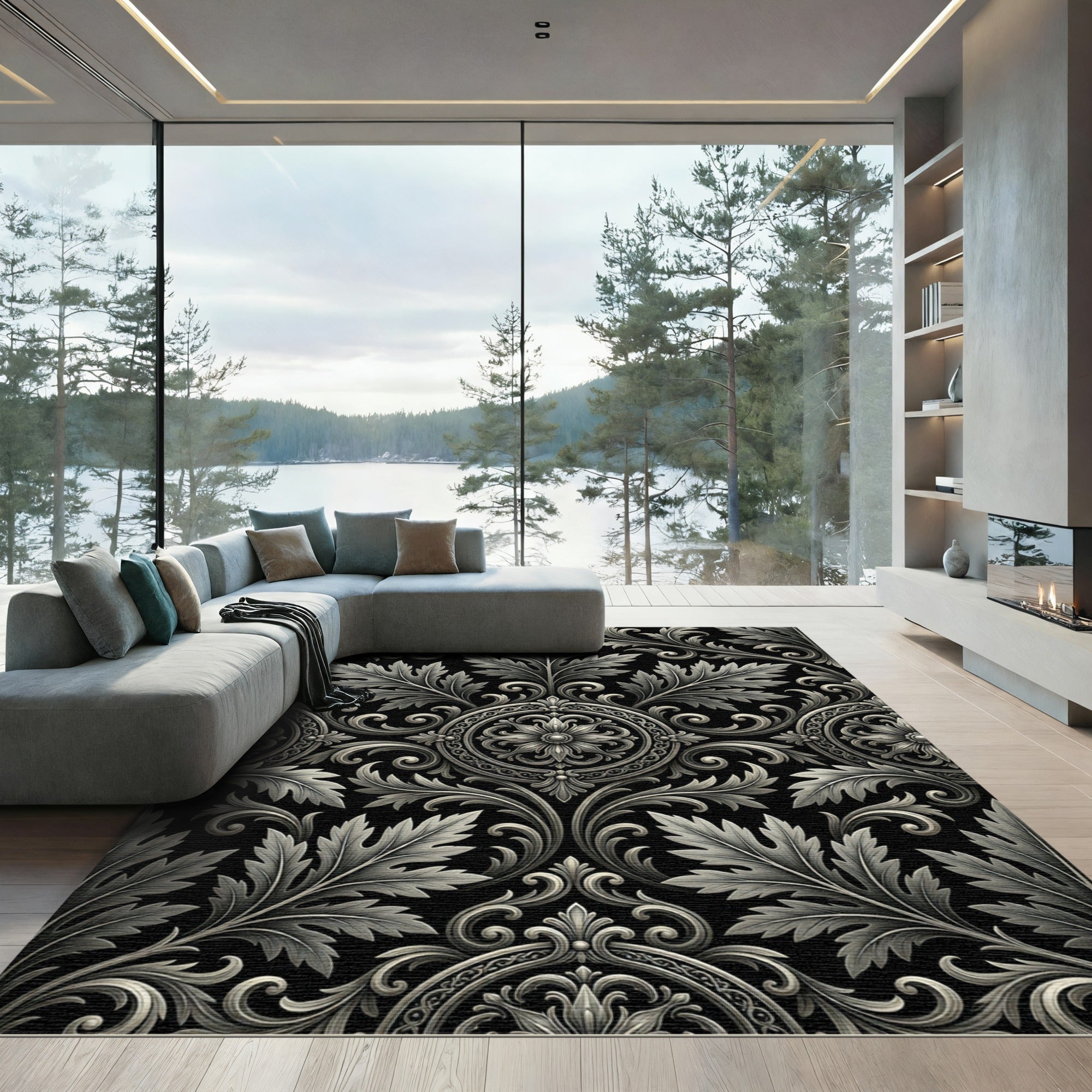 Ornate Silver Black Floral Scroll Rug