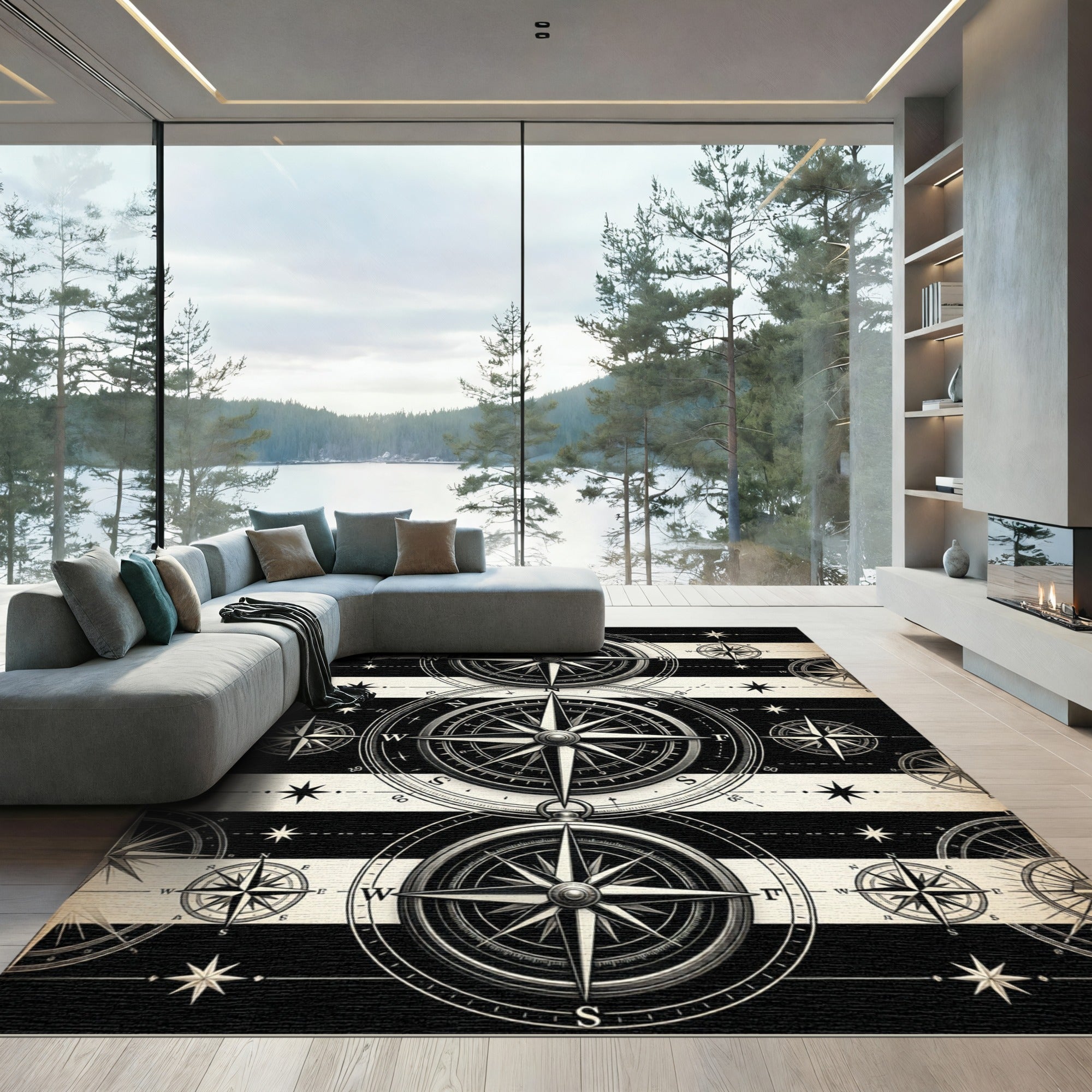 Monochrome Maritime Compass Nautical Stripe Floor Art Rug
