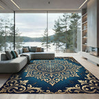 Ornate Deep Blue Gold Floral Medallion Rug
