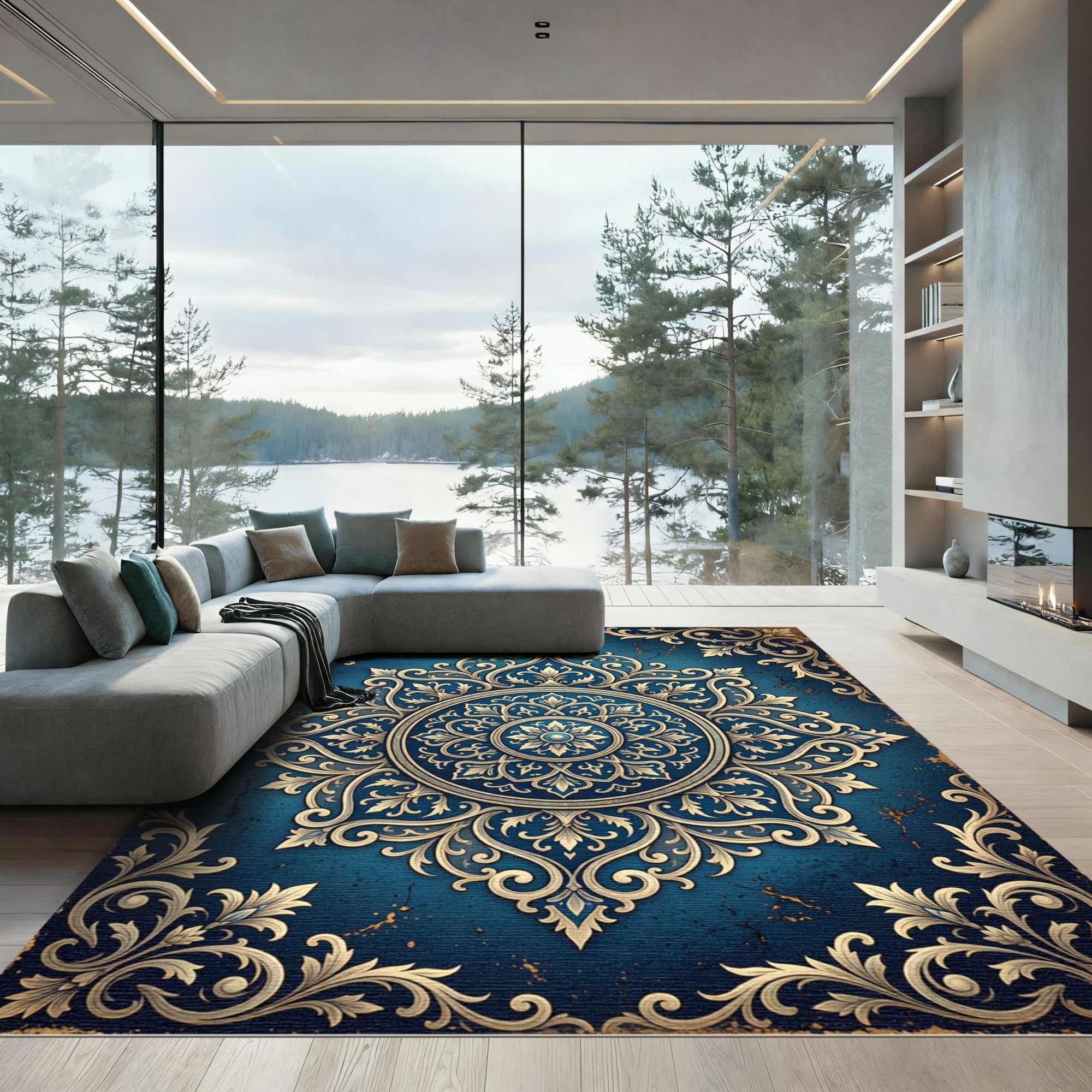 Ornate Deep Blue Gold Floral Medallion Rug