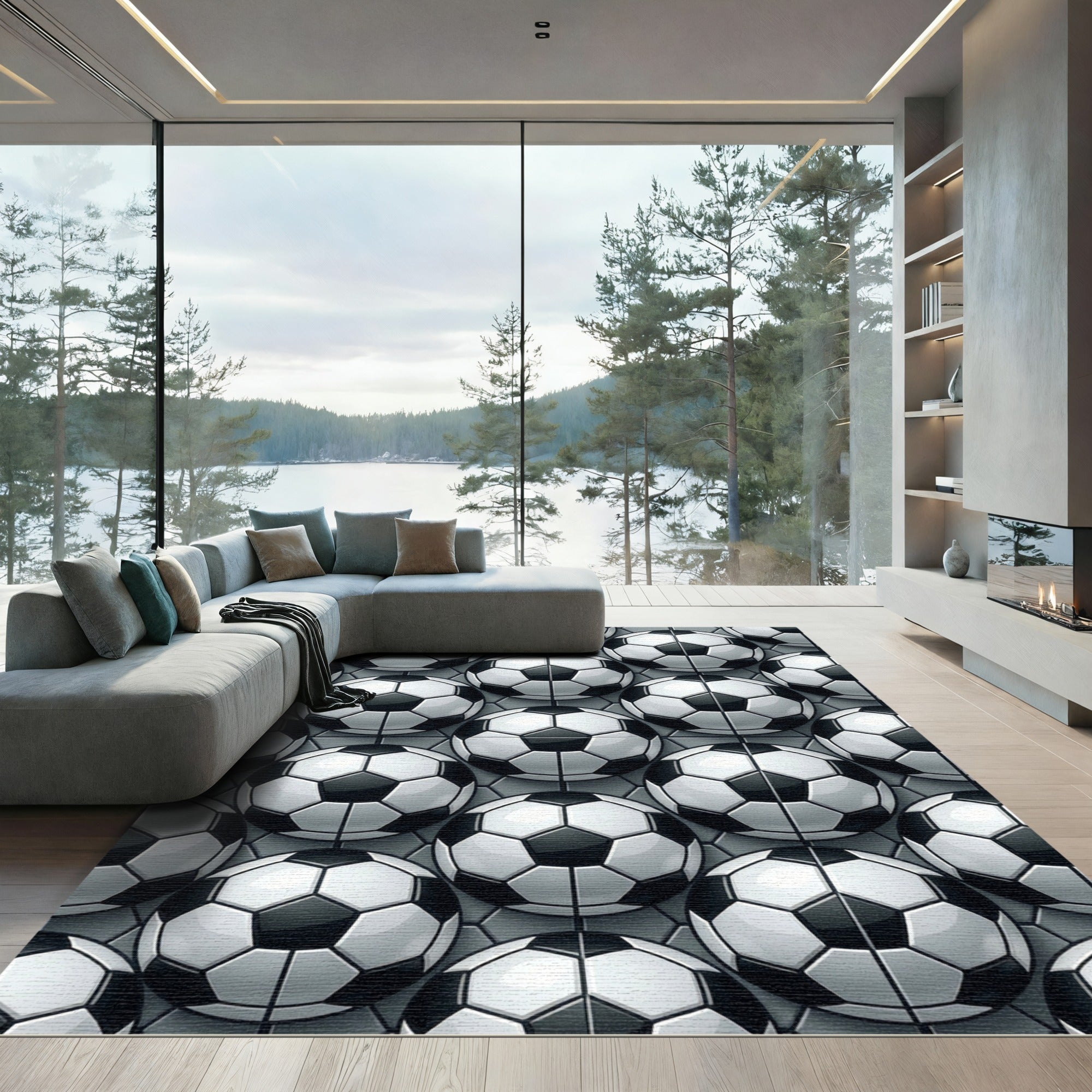 Monochrome Soccer Ball Hexagon Mosaic Rug