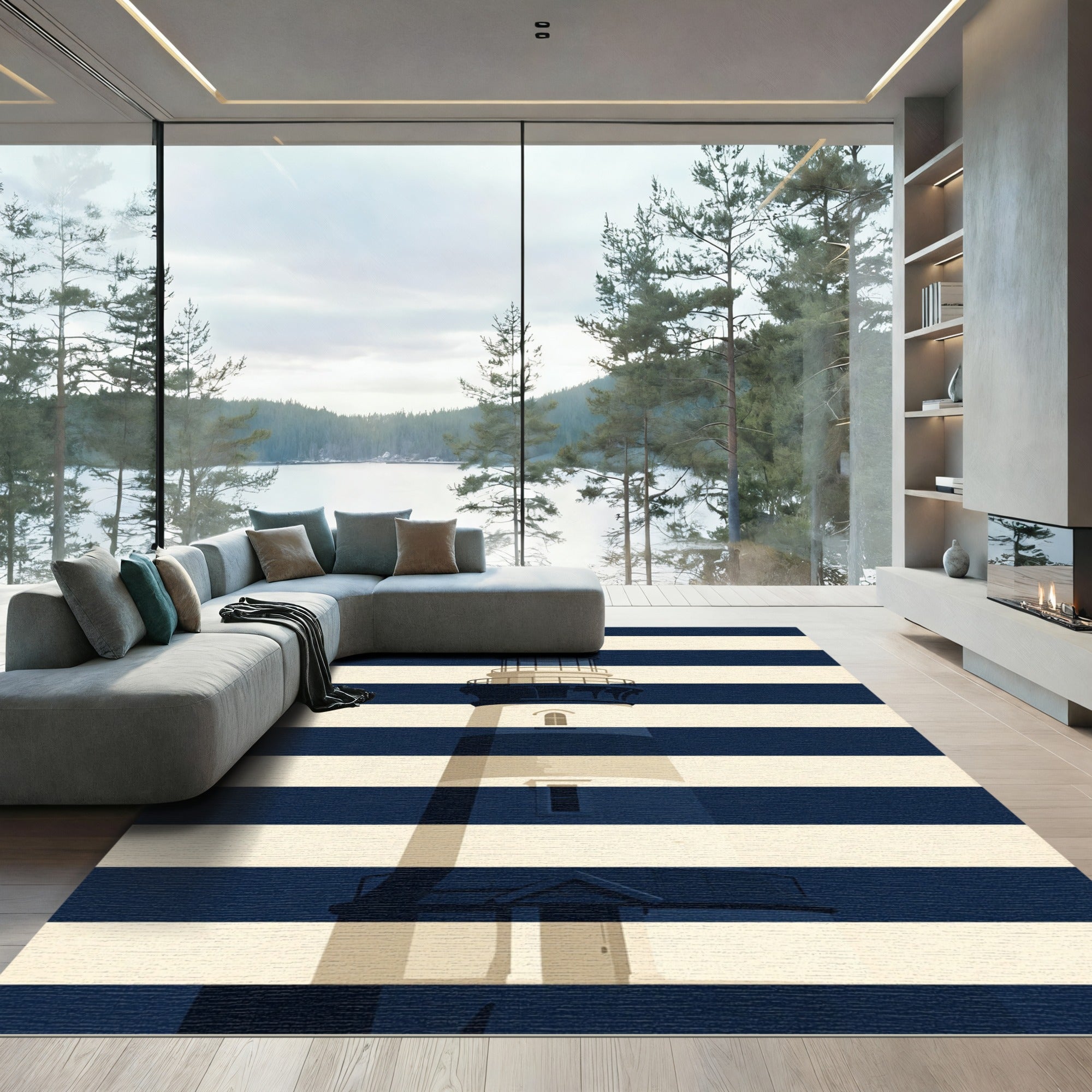 Coastal Nautical Navy Blue Lighthouse Rug