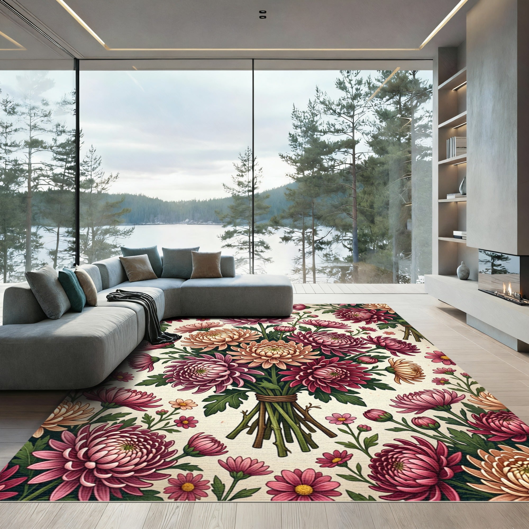 Elegant Blush and Burgundy Chrysanthemum Floral Rug