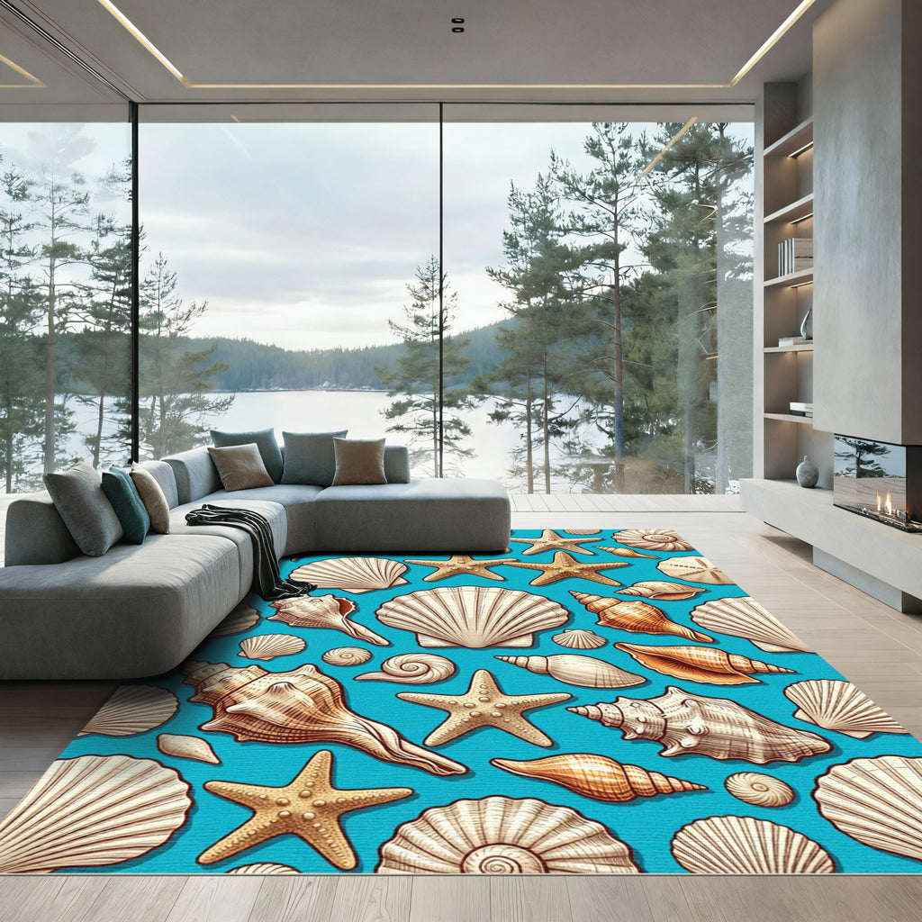 Coastal Seashell Starfish Cyan Background Rug