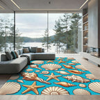 Coastal Seashell Starfish Cyan Background Rug